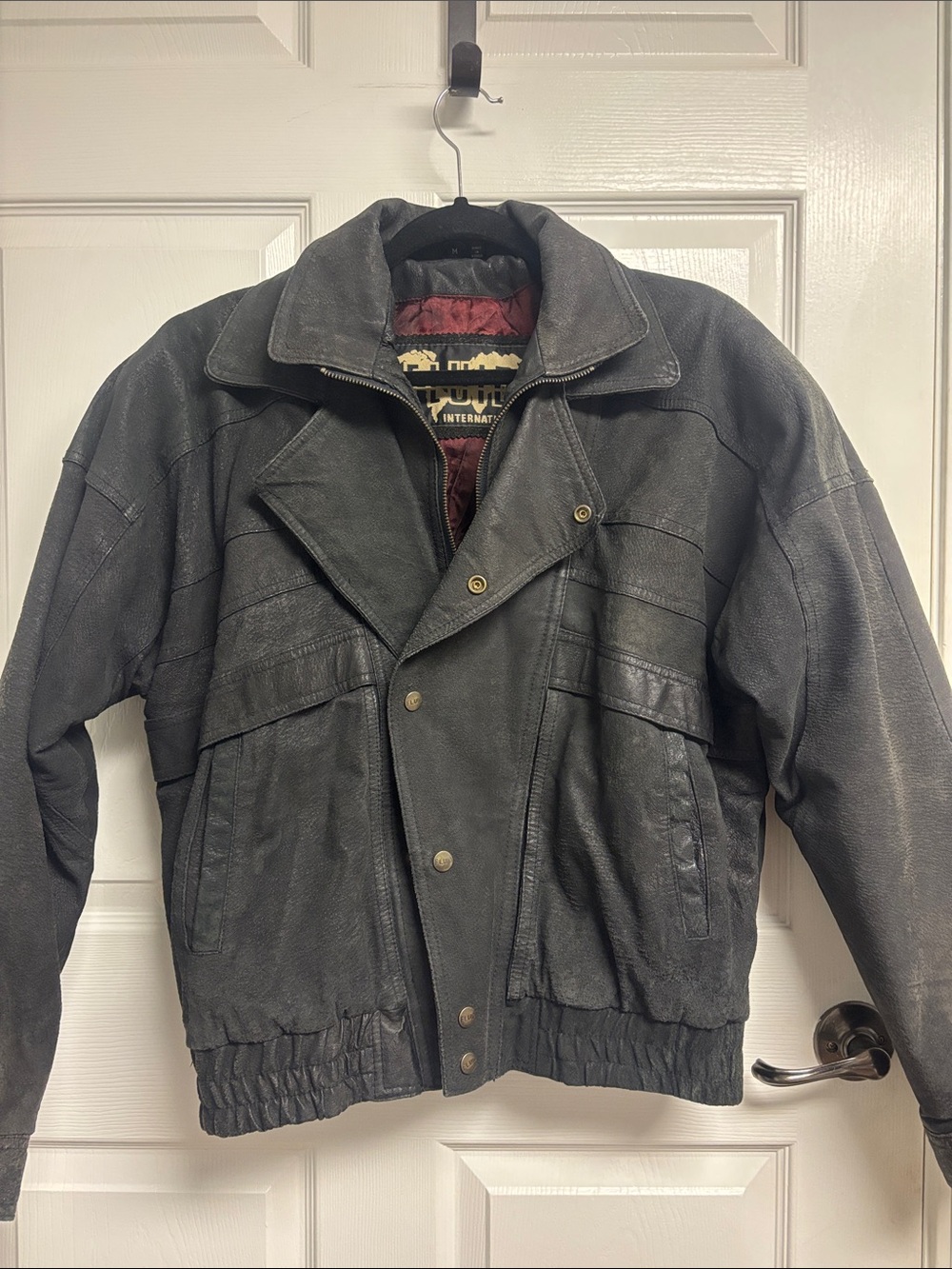 Vintage 90's Fluid International Black Leather Bomber Jacket with Silk Lining